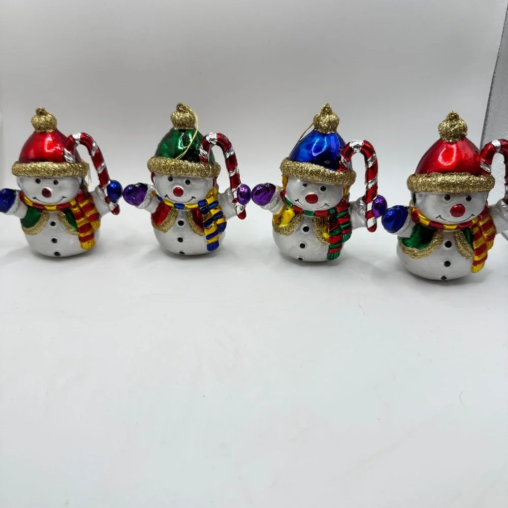 4 Snowman Christmas Ornament Hand-Painted Glitter Candy Cane‎ Retro Holiday